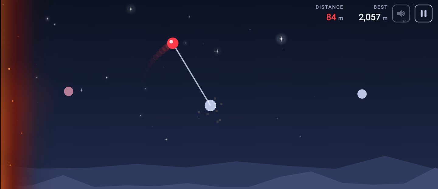 Swinging on the tether beneath a peg in the night sky, distance 84 metres